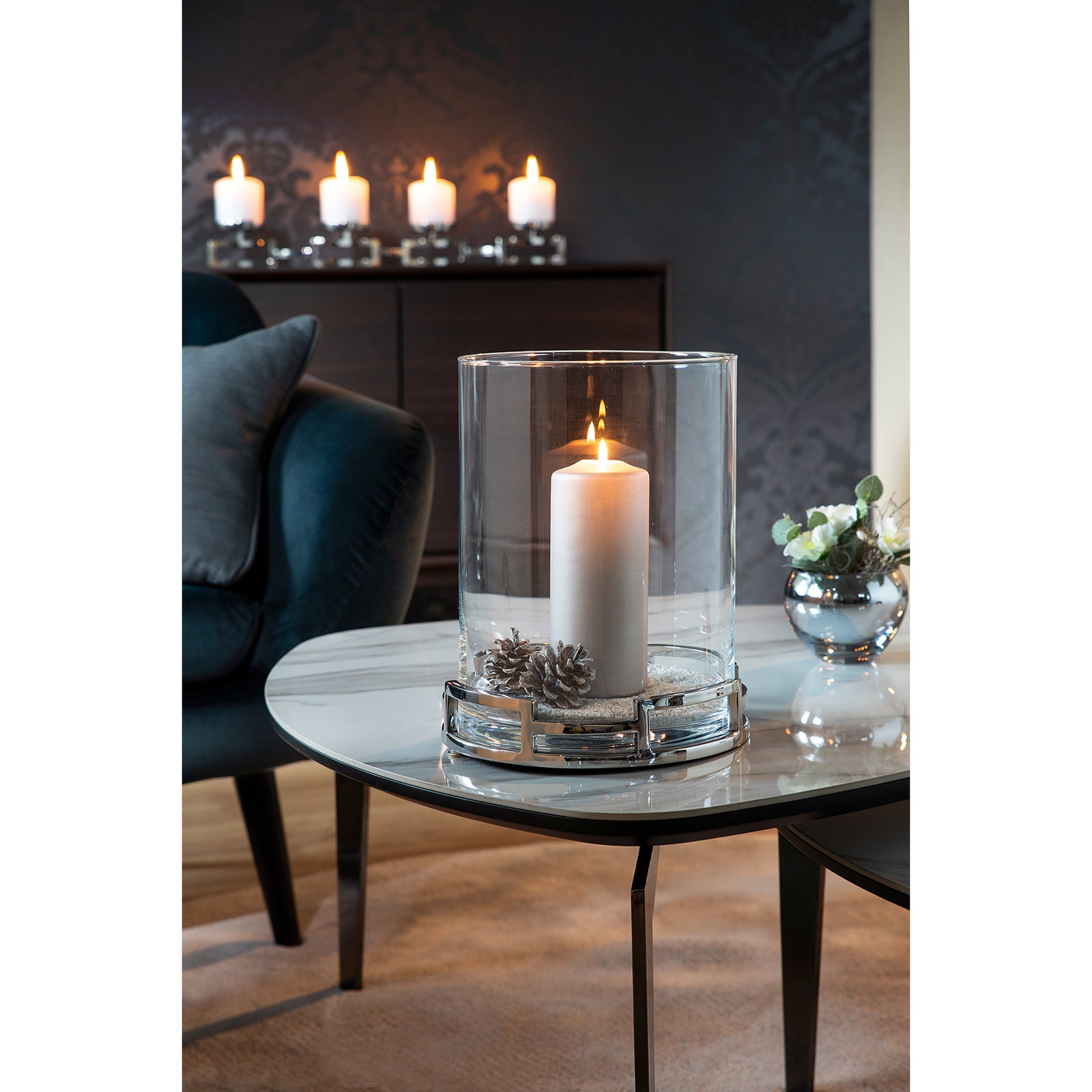 HOMMAGE Windlicht mit Glas silberfarben