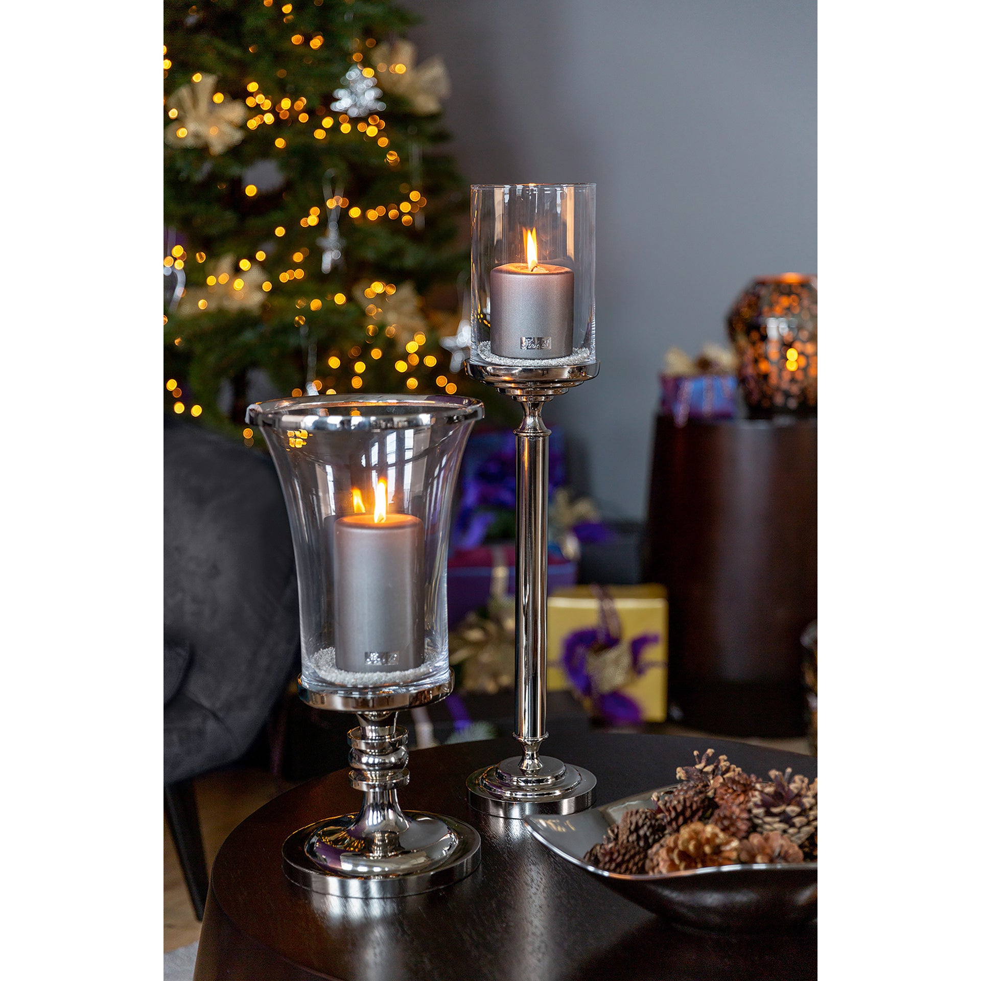 LYNETTE Windlicht mit Glas silberfarben